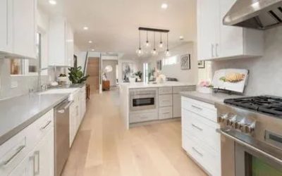 A kitchen with white cabinets and stainless steel appliances.